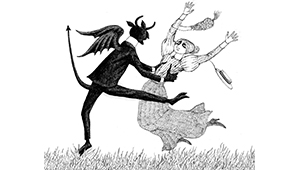 Artwork showing a devil, with horns, wings and a pointed tail, capturing a woman with a dress, handbag and hat