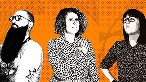 Graphic of three people rendered in black and white on an orange background, each holding a pose
