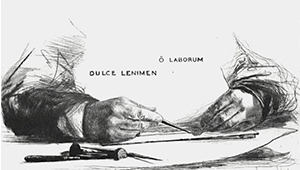 Sketch of two arms resting on a desk and working with pen and paper, text in the centre of the image reading O LABORUM DULCE LENIMEN
