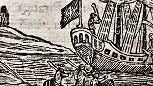 Print of old artwork depicting a ship at sea
