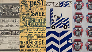 A mosaic of various printed advertising material throughout history