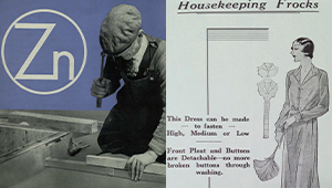 Two illustrations depicting forms of labour, on the left an industrial worker using tools on wood, on the right a housekeeper with a duster