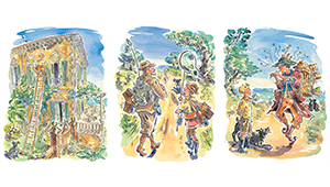 Three Paul Cox illustrations: a boy sitting on a windowsill after climbing up on a ladder, an older man taking the boy out with butterfly nets for each of them, and a piper playing in front of the boy and a dog