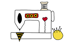 Graphic of a sewing machine decorated with a heart, a yellow pincushion to the side