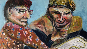 A painting of two figures looking at an object between them