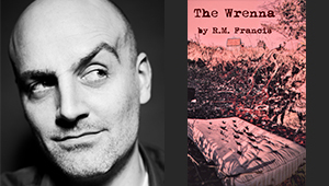 Black and white photograph of R. M. Francis raising an eyebrow and looking towards his book THE WRENNA