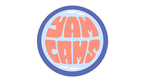 Yam Cams logo, a bubble with orange block capitals reading YAM CAMS inside its shape, bordered by a blue circle