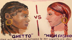 Painting by Elizabeth Ivwurie depicting a conflict between GHETTO and HIGH FASHION aesthetics, two figures representing each side staring each other down across a VERSUS sign